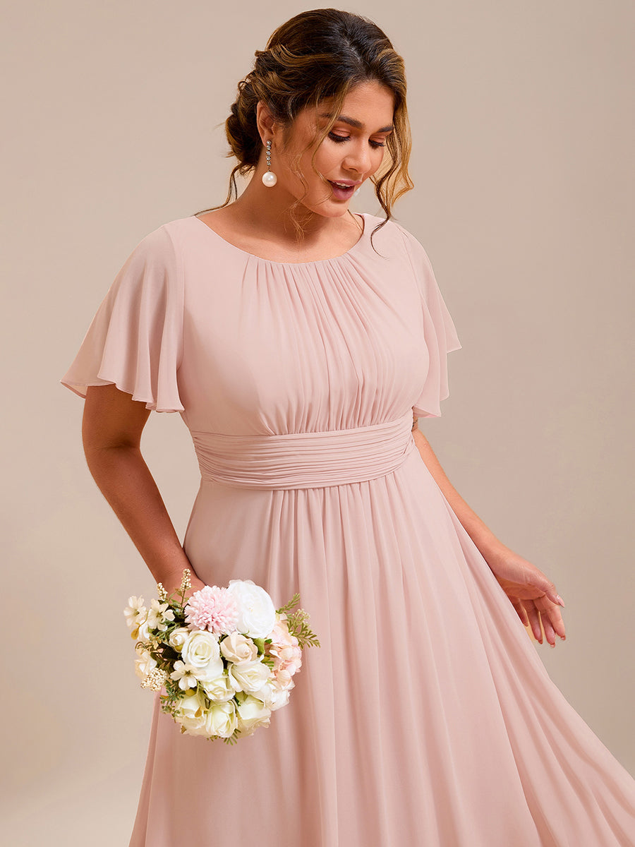 Plus Size Simple Chiffon Pleated A-Line Round Neckline Bridesmaid Dress #color_Pink