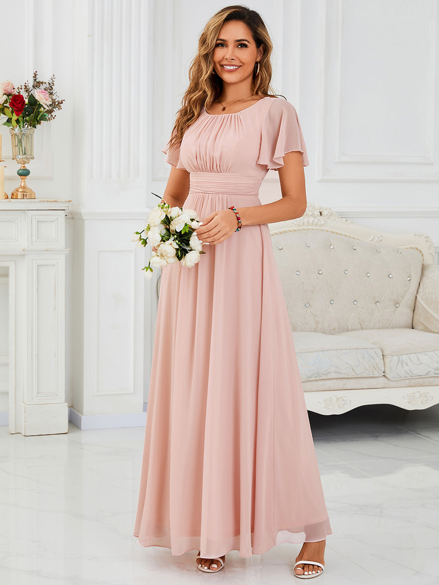 Simple Chiffon Pleated A-Line Round Neckline Bridesmaid Dress #color_Pink