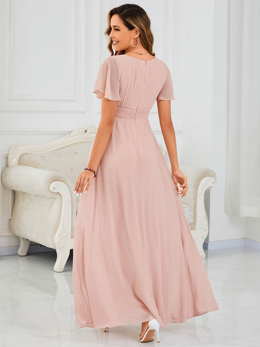 Simple Chiffon Pleated A-Line Round Neckline Bridesmaid Dress #color_Pink