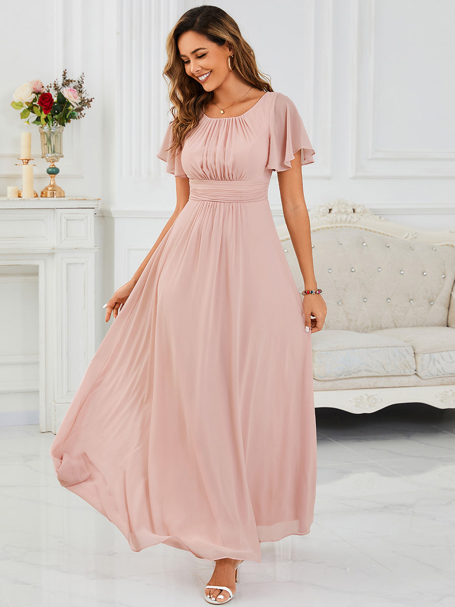 Simple Chiffon Pleated A-Line Round Neckline Bridesmaid Dress #color_Pink