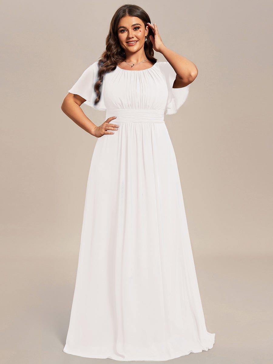 Plus Size Simple Chiffon Pleated A-Line Round Neckline Bridesmaid Dress #color_White