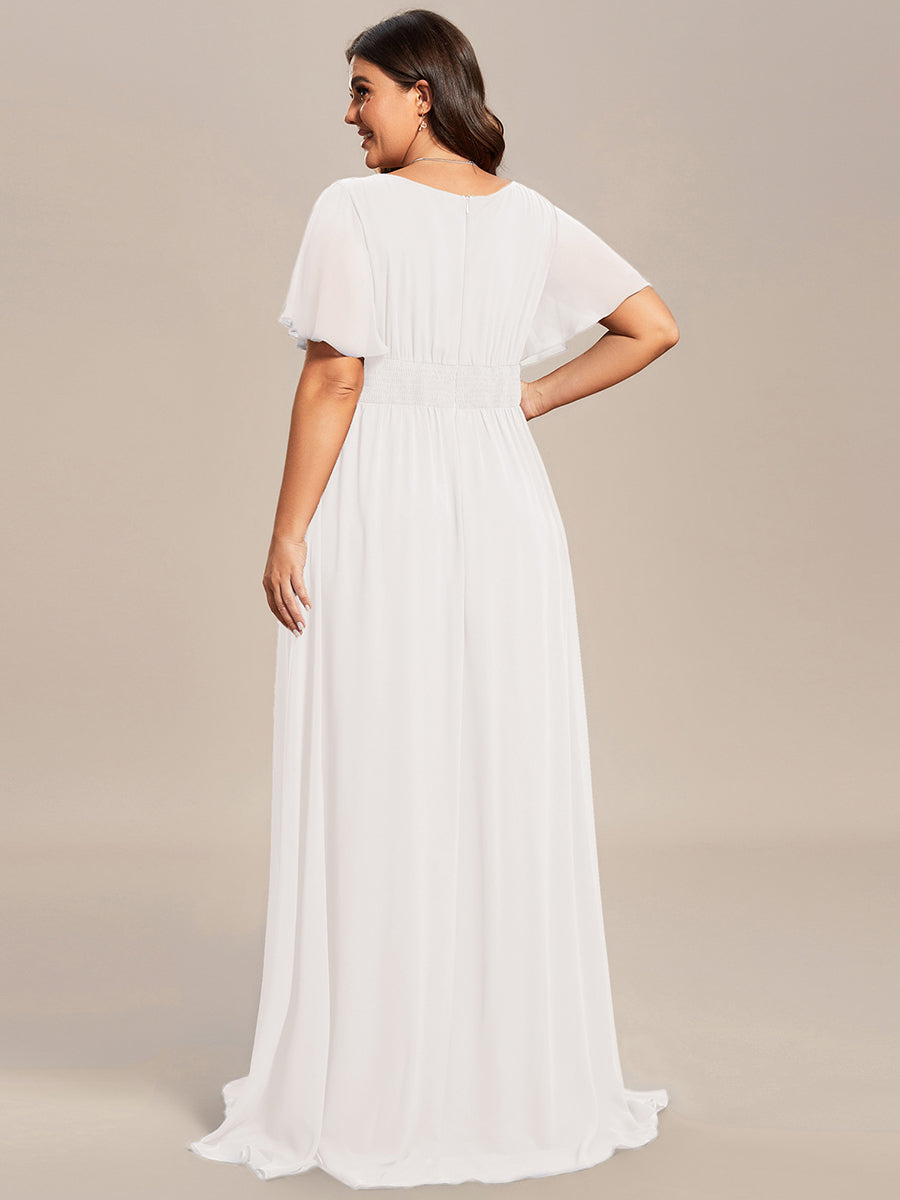 Plus Size Simple Chiffon Pleated A-Line Round Neckline Bridesmaid Dress #color_White