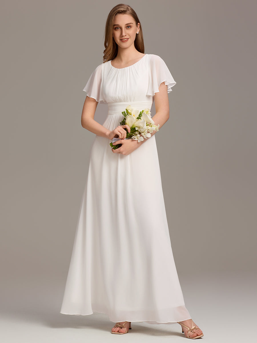 Simple Chiffon Pleated A-Line Round Neckline Bridesmaid Dress #color_White