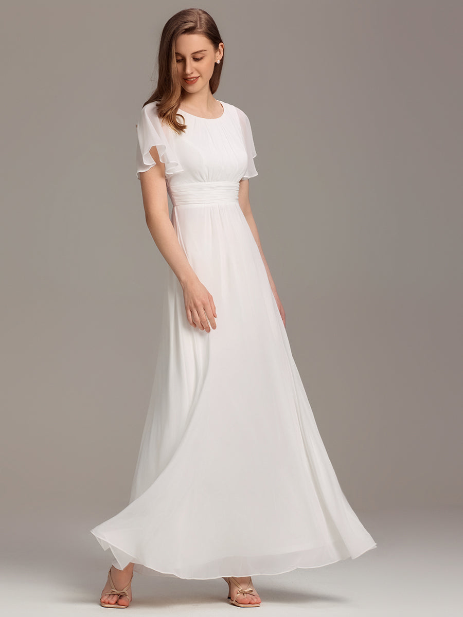 Simple Chiffon Pleated A-Line Round Neckline Bridesmaid Dress #color_White