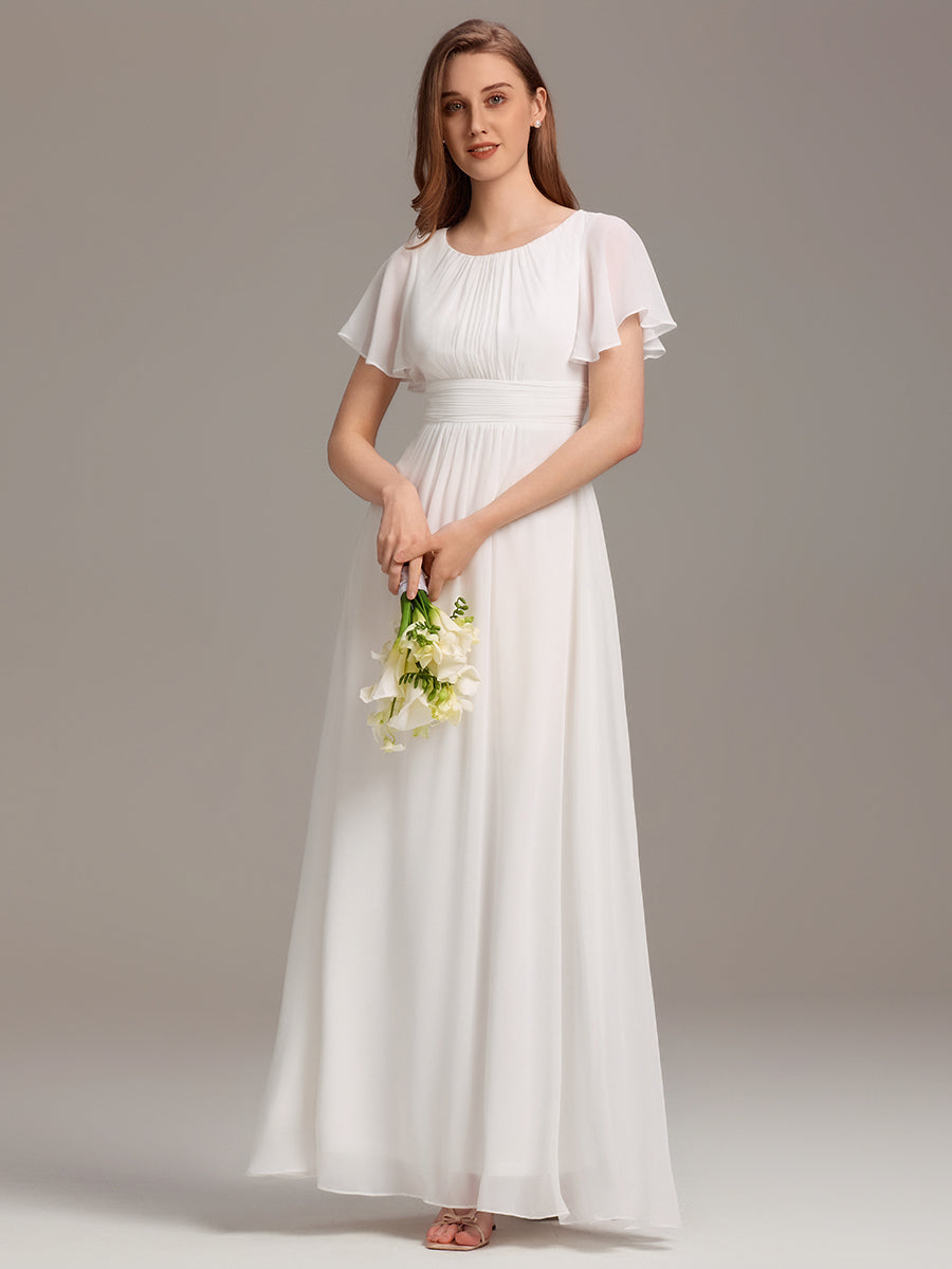 Simple Chiffon Pleated A-Line Round Neckline Bridesmaid Dress #color_White