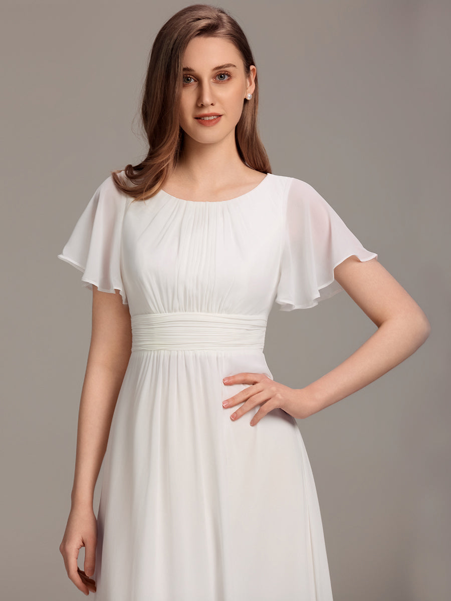 Simple Chiffon Pleated A-Line Round Neckline Bridesmaid Dress #color_White