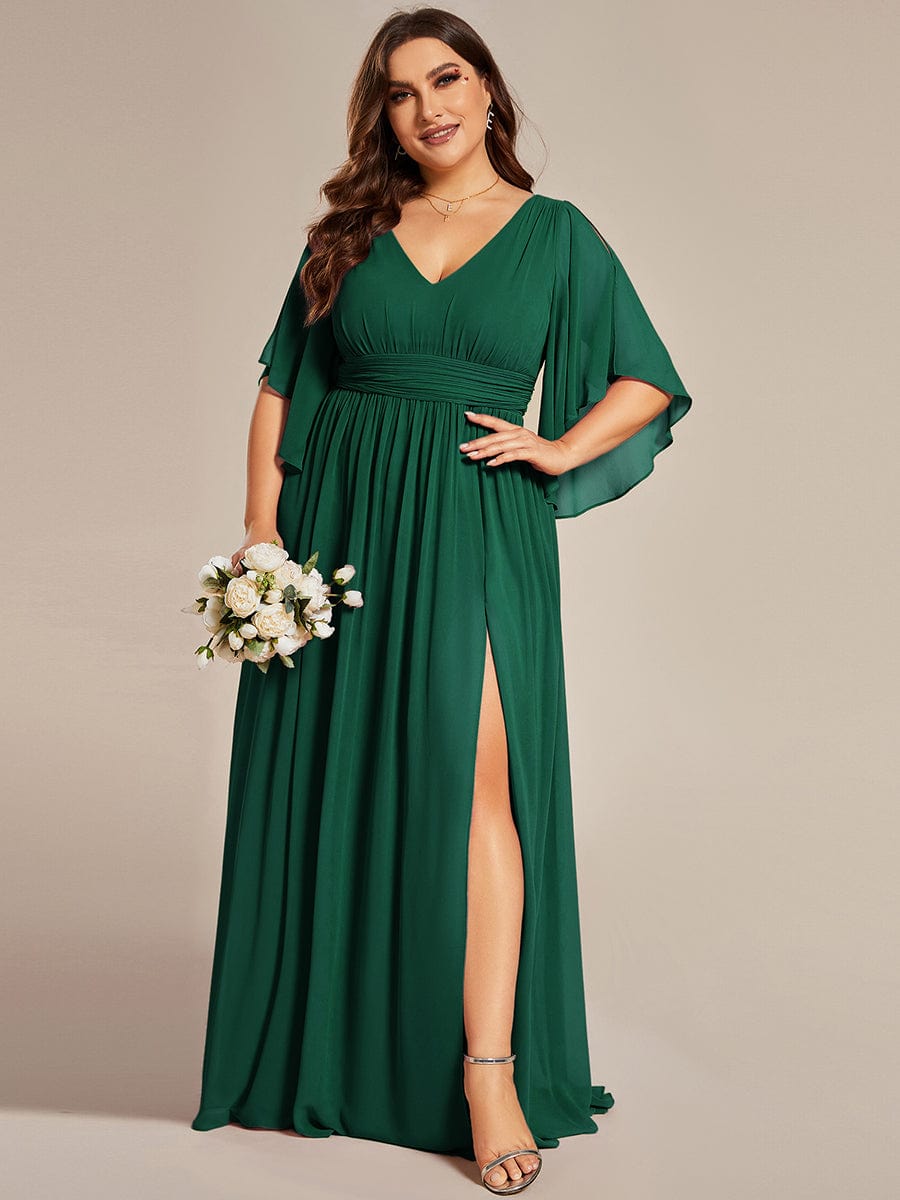 Plus Size Half Sleeve Pleated A-Line V-Neck Chiffon Bridesmaid Dress #color_Dark Green