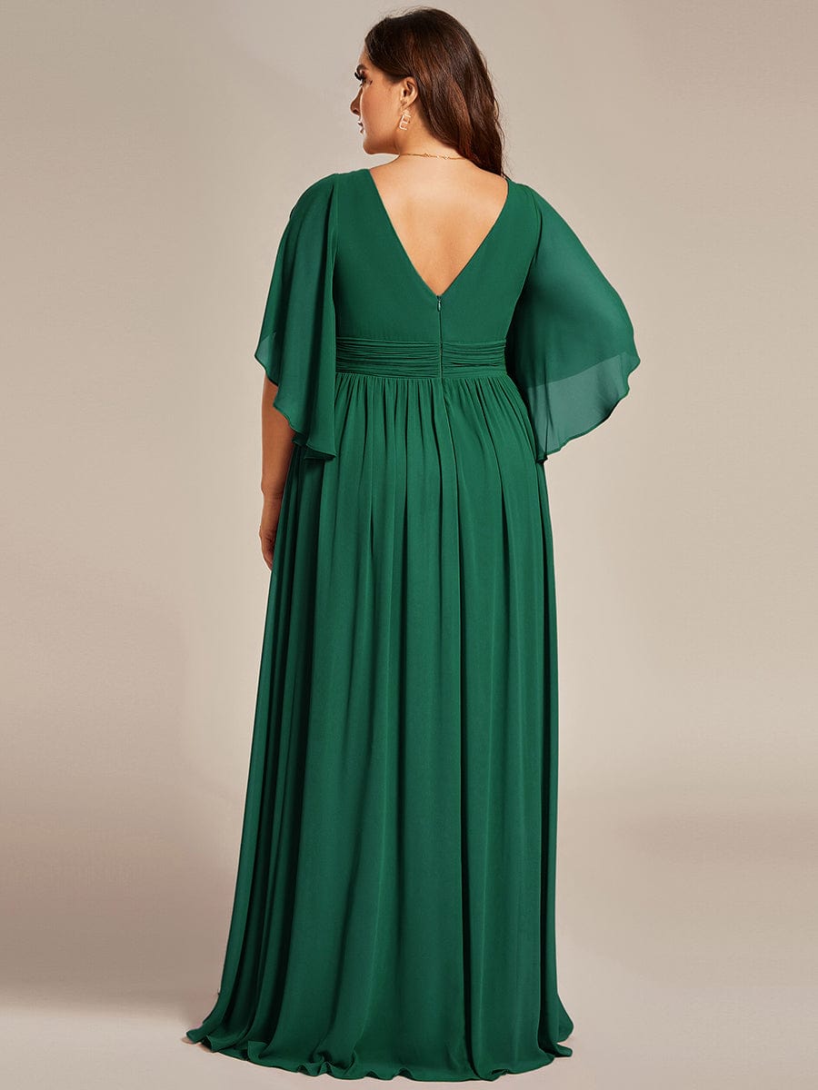 Plus Size Half Sleeve Pleated A-Line V-Neck Chiffon Bridesmaid Dress #color_Dark Green