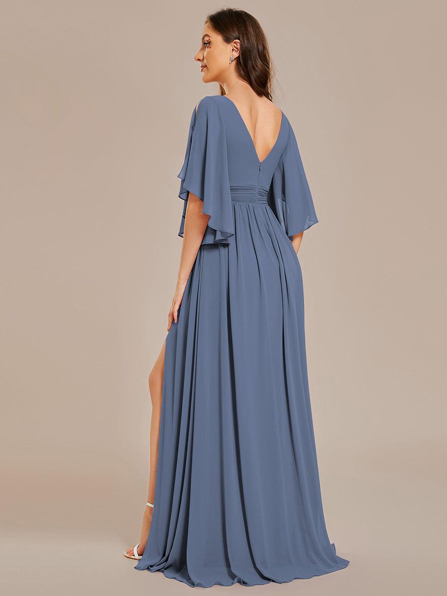 Half Sleeve V-Neck Pleated High Slit A-Line Chiffon Bridesmaid Dress #color_Dusty Blue