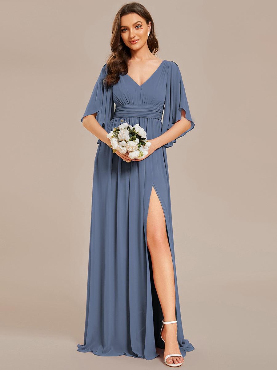 Half Sleeve V-Neck Pleated High Slit A-Line Chiffon Bridesmaid Dress #color_Dusty Blue