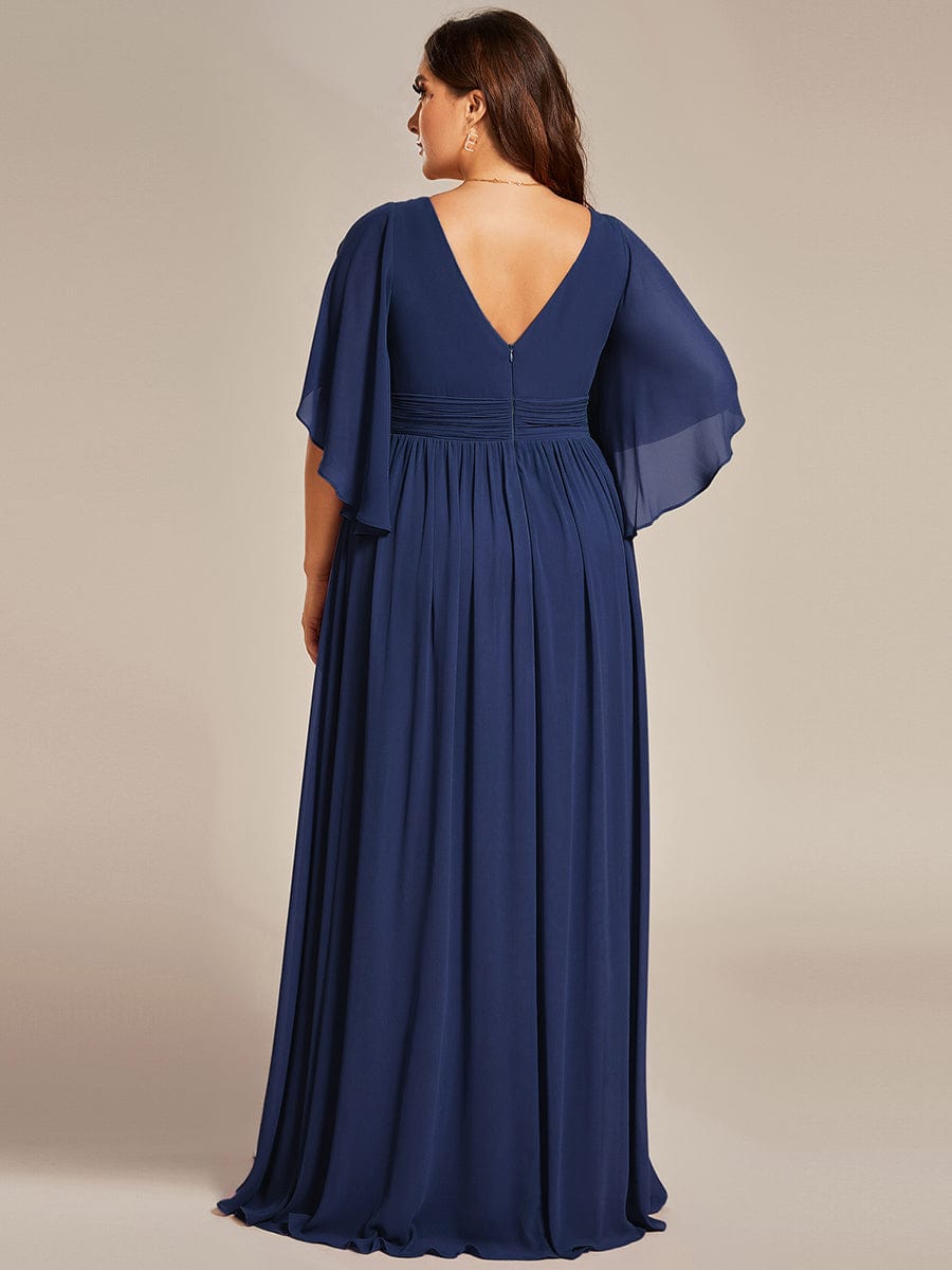 Plus Size Half Sleeve Pleated A-Line V-Neck Chiffon Bridesmaid Dress #color_Navy Blue