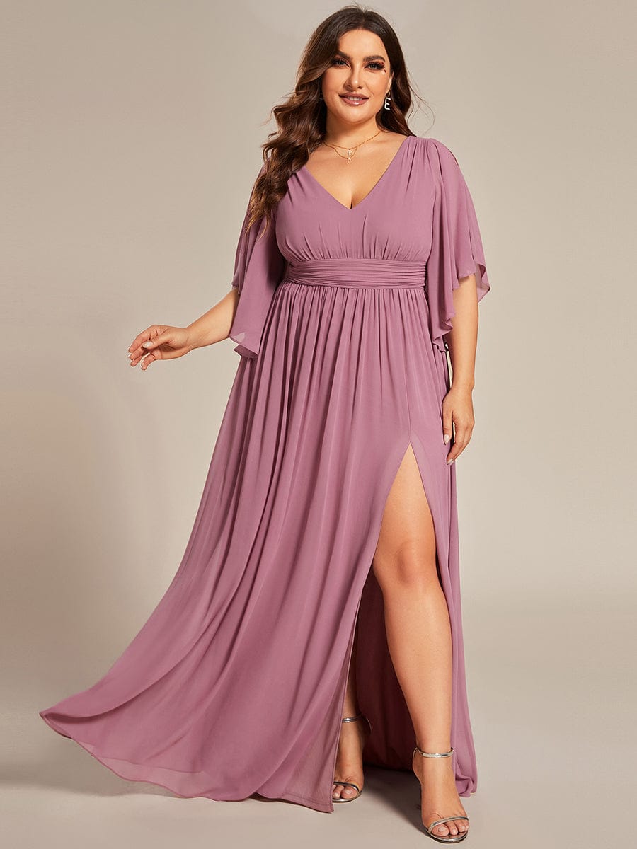 Plus Size Chiffon Half Sleeve V-Neck High Front Slit Bridesmaid Dress -  Ever-Pretty US