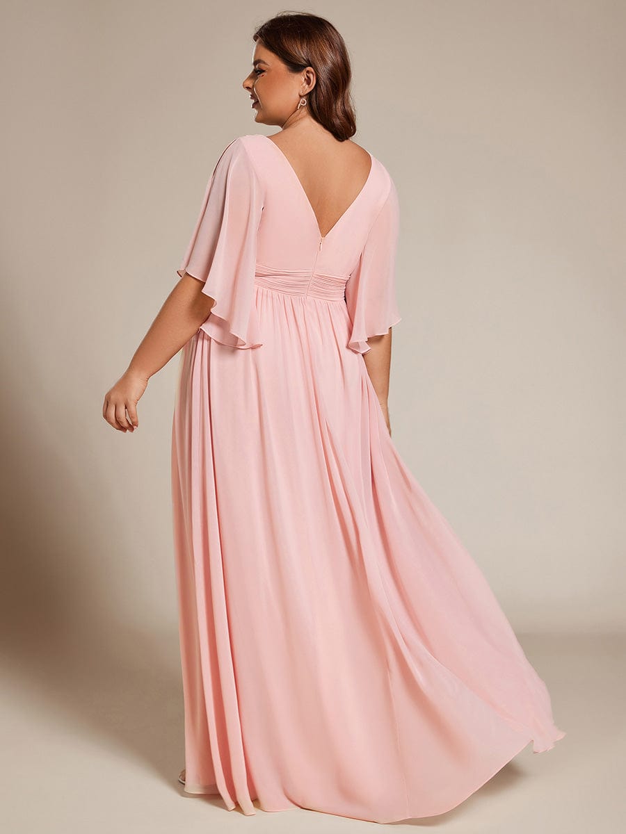 Plus Size Half Sleeve Pleated A-Line V-Neck Chiffon Bridesmaid Dress #color_Pink