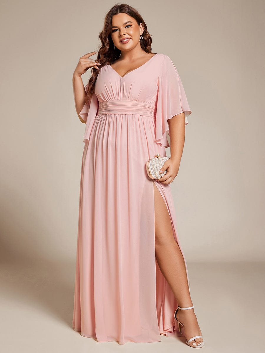 Plus Size Half Sleeve Pleated A-Line V-Neck Chiffon Bridesmaid Dress #color_Pink