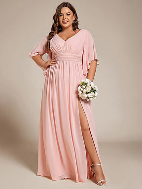 Plus Size Half Sleeve Pleated A-Line V-Neck Chiffon Bridesmaid Dress