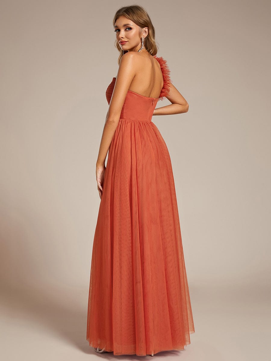 Sweetheart Neckline One Shoulder with Floral Tulle High Slit Bridesmaid Dress #color_Burnt Orange