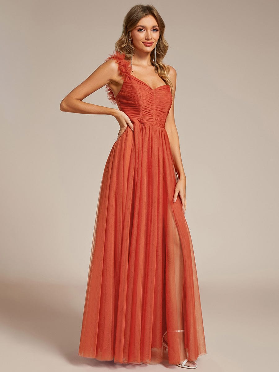 Sweetheart Neckline One Shoulder with Floral Tulle High Slit Bridesmaid Dress #color_Burnt Orange