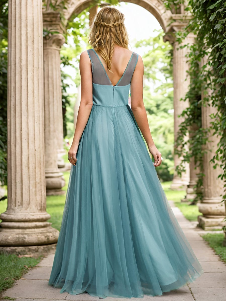 See-Through Shoulder Strap Flower Decoration Tulle Bridesmaid Dress #color_Light Teal