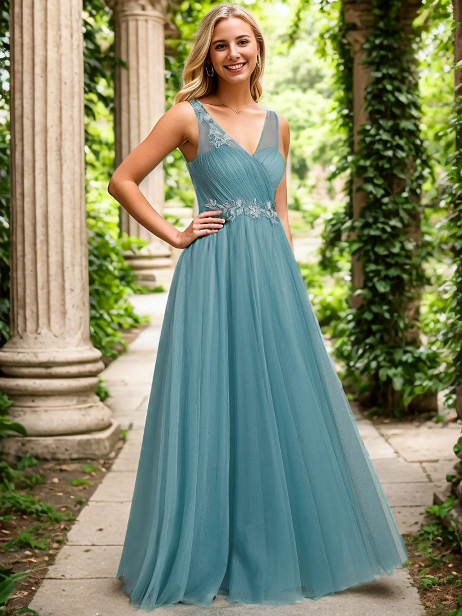 See-Through Shoulder Strap Flower Decoration Tulle Bridesmaid Dress #color_Dusty Blue