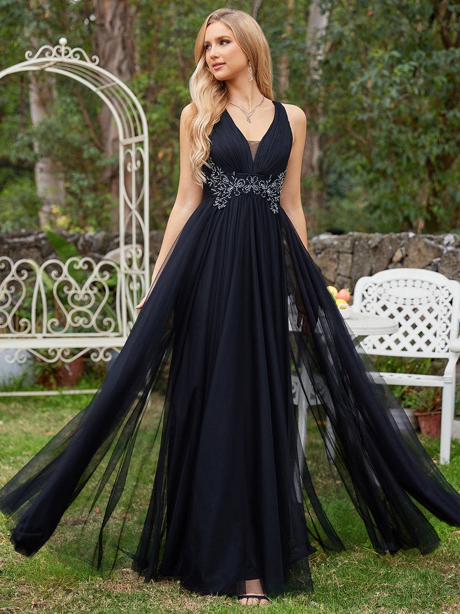 Sleeveless Waist Applique Cross-Back Straps Tulle Bridesmaid Dress #color_Black