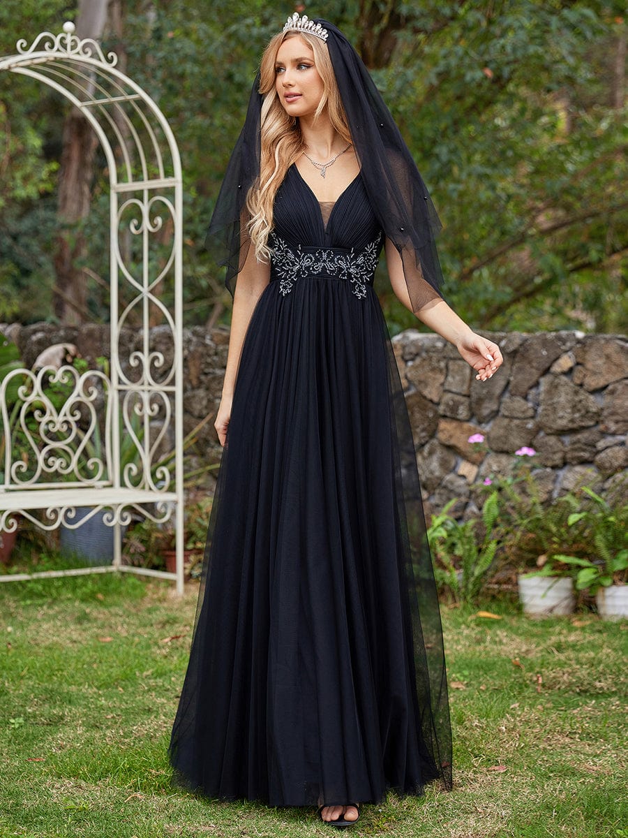 Sleeveless Waist Applique Cross-Back Straps Tulle Bridesmaid Dress #color_Black