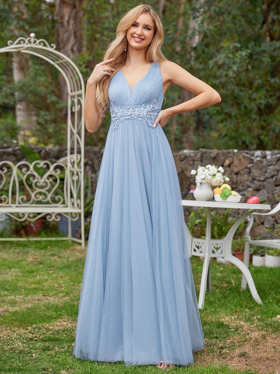 Sleeveless Waist Applique Cross-Back Straps Tulle Bridesmaid Dress #color_Light Blue