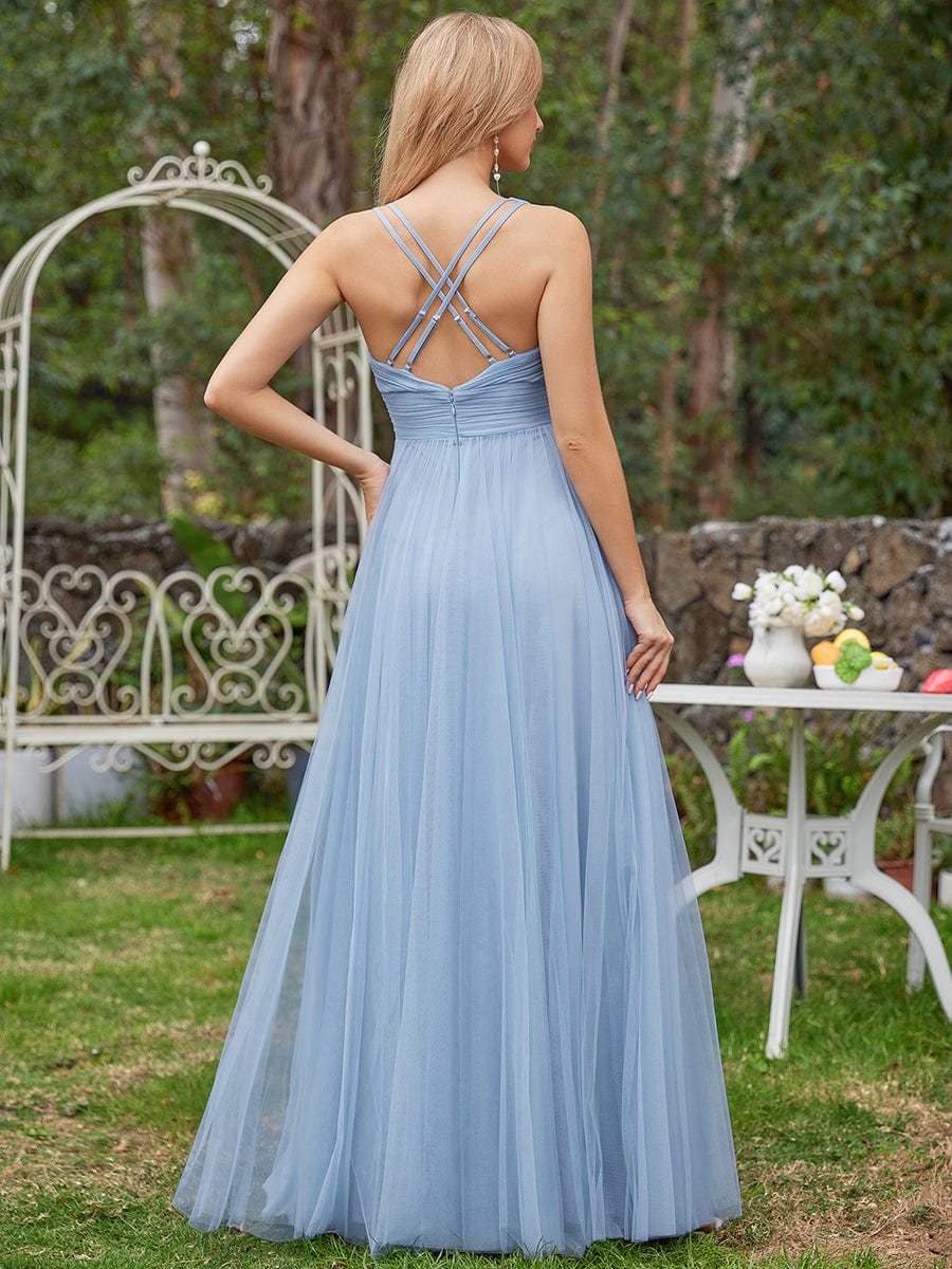 Sleeveless Waist Applique Cross-Back Straps Tulle Bridesmaid Dress #color_Light Blue