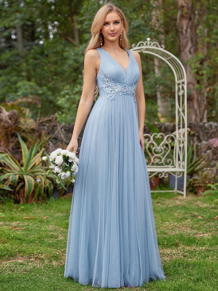 Sleeveless Waist Applique Cross-Back Straps Tulle Bridesmaid Dress #color_Light Blue