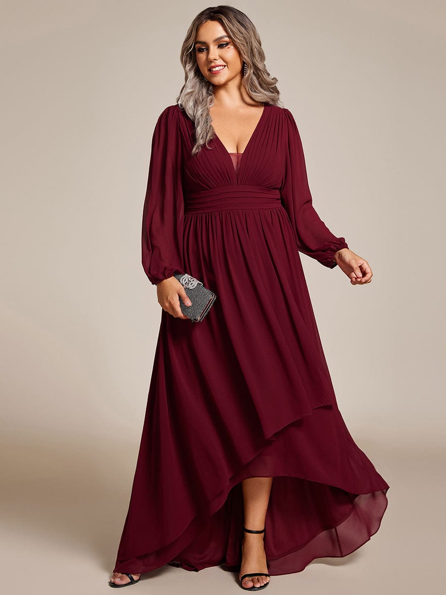 Plus Size V-Neck Long Lantern Sleeves A-Line Chiffon Bridesmaid Dress #color_Burgundy