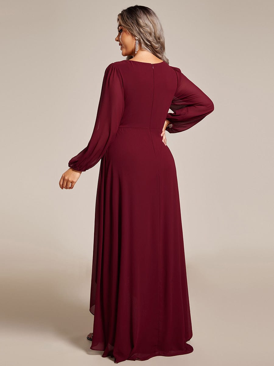 A-Line Pleated See-Through Long Lantern Midi Chiffon Bridesmaid Dress #color_Burgundy