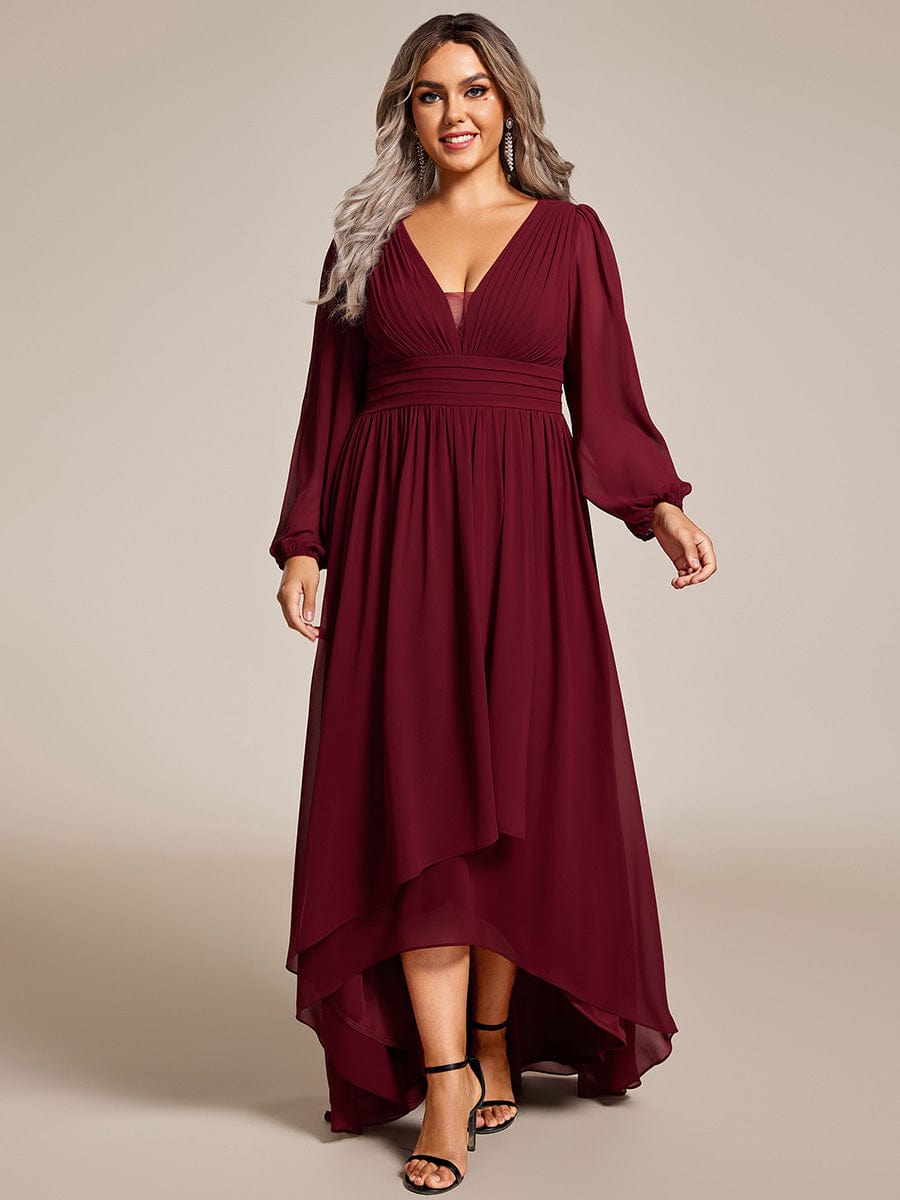 Plus Size V-Neck Long Lantern Sleeves A-Line Chiffon Bridesmaid Dress #color_Burgundy