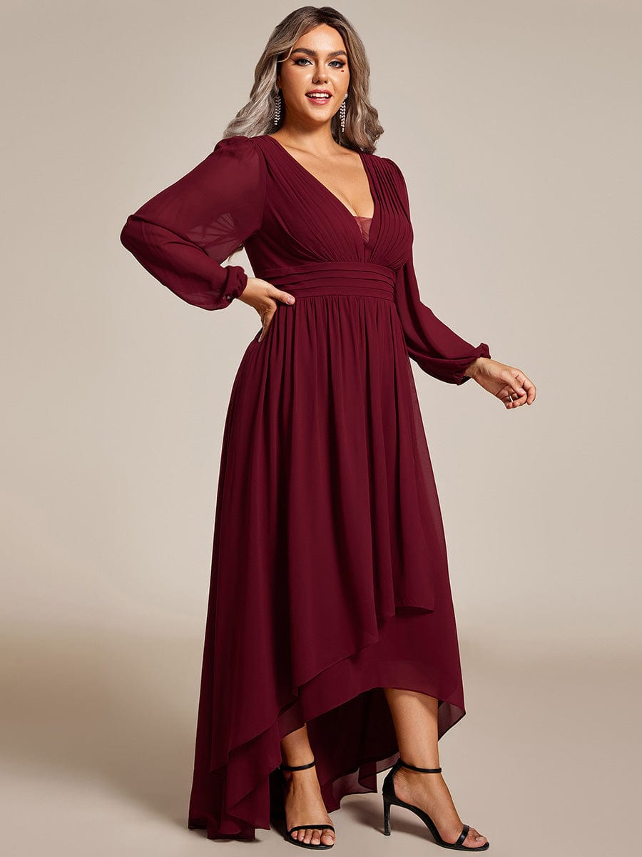 Plus Size V-Neck Long Lantern Sleeves A-Line Chiffon Bridesmaid Dress #color_Burgundy