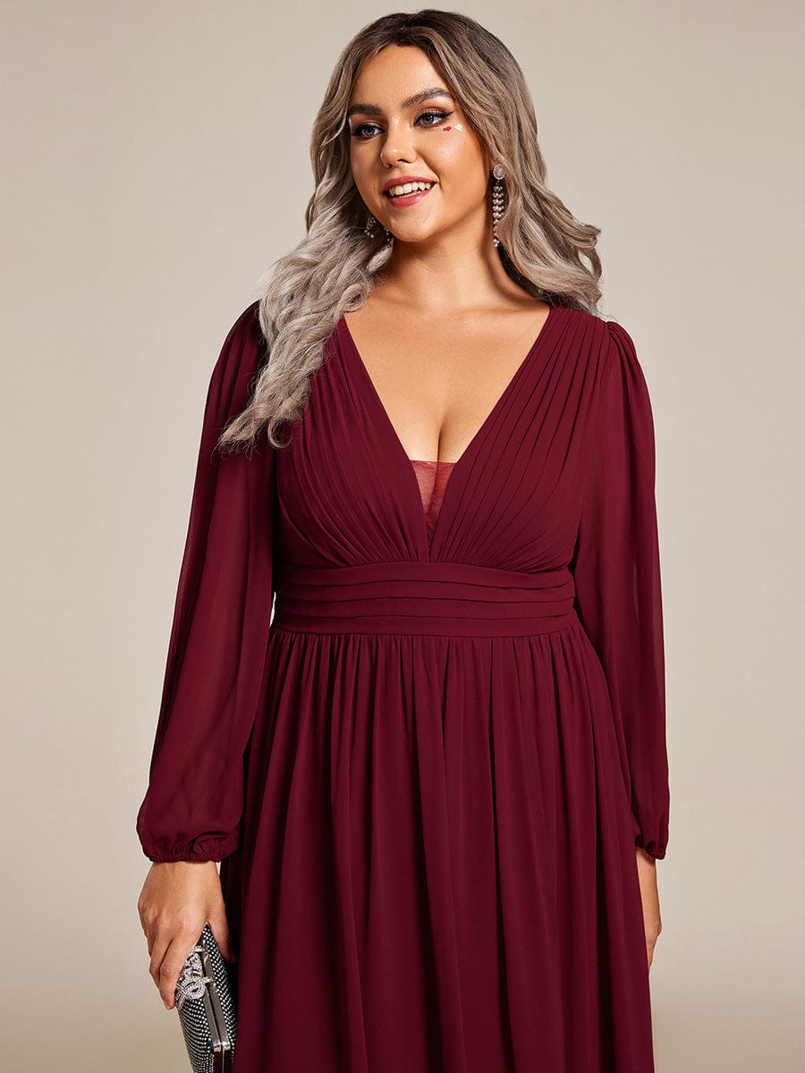 Plus Size V-Neck Long Lantern Sleeves A-Line Chiffon Bridesmaid Dress #color_Burgundy