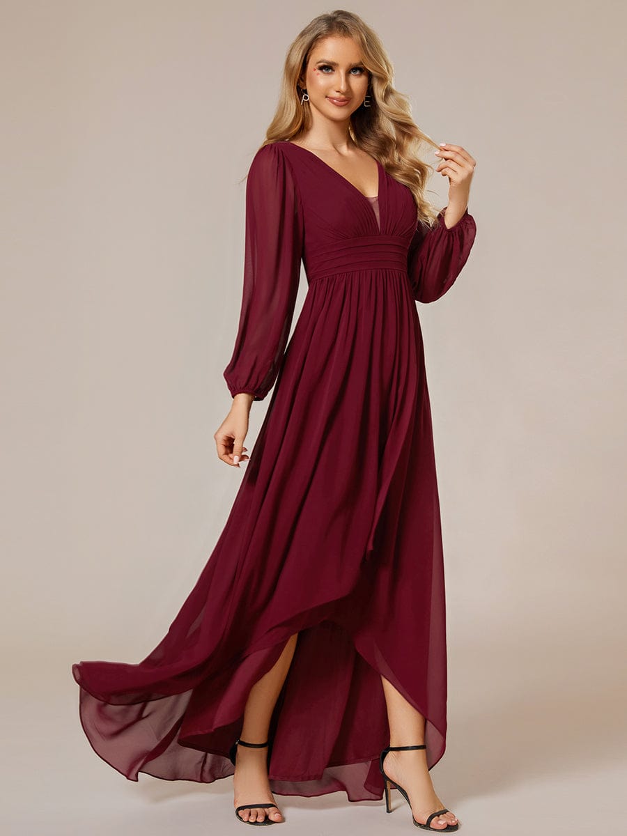 A-Line Pleated See-Through Long Lantern Midi Chiffon Bridesmaid Dress #color_Burgundy