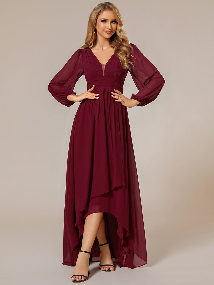 A-Line Pleated See-Through Long Lantern Midi Chiffon Bridesmaid Dress #color_Burgundy