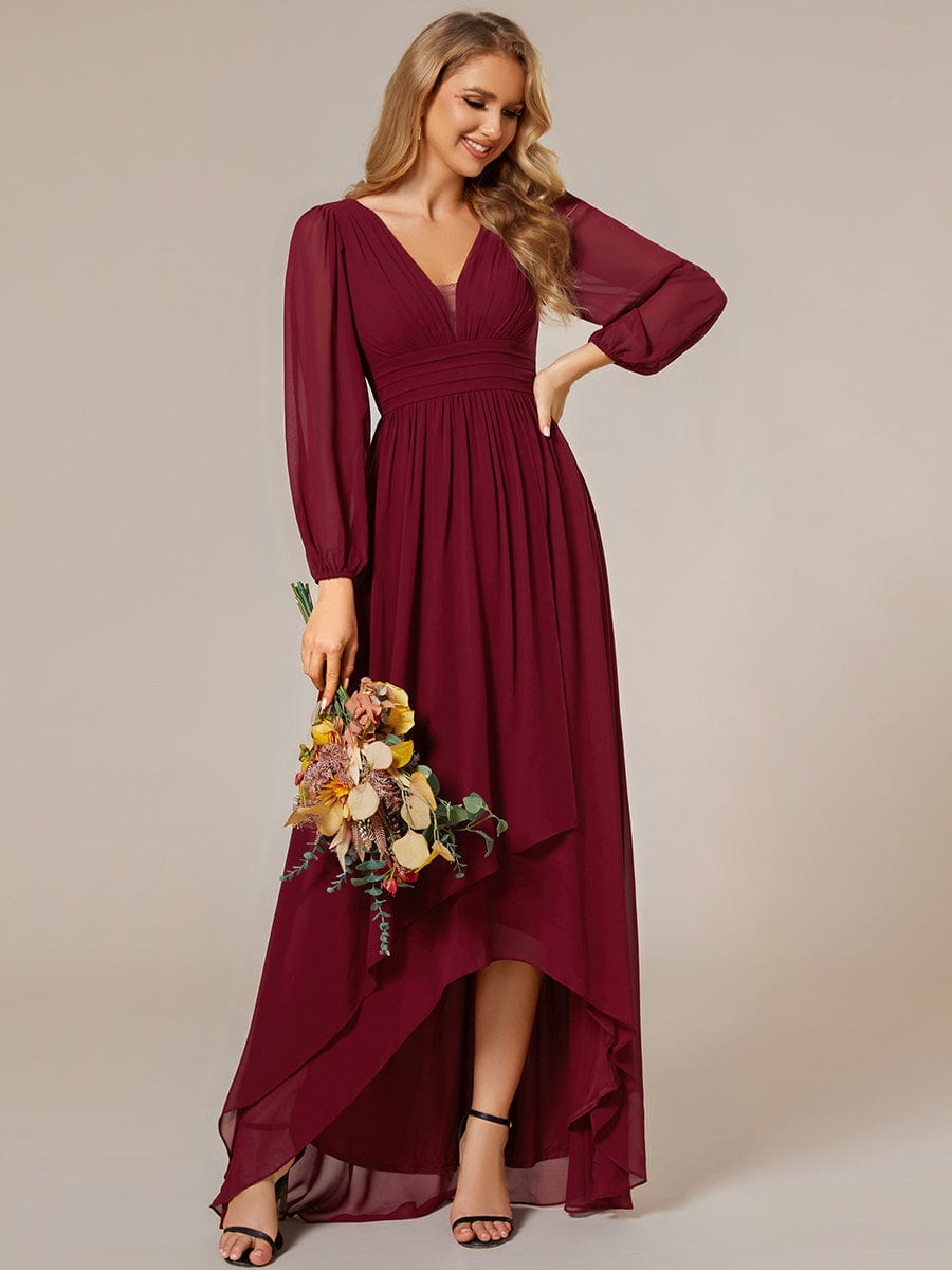 A-Line Pleated See-Through Long Lantern Midi Chiffon Bridesmaid Dress #color_Burgundy