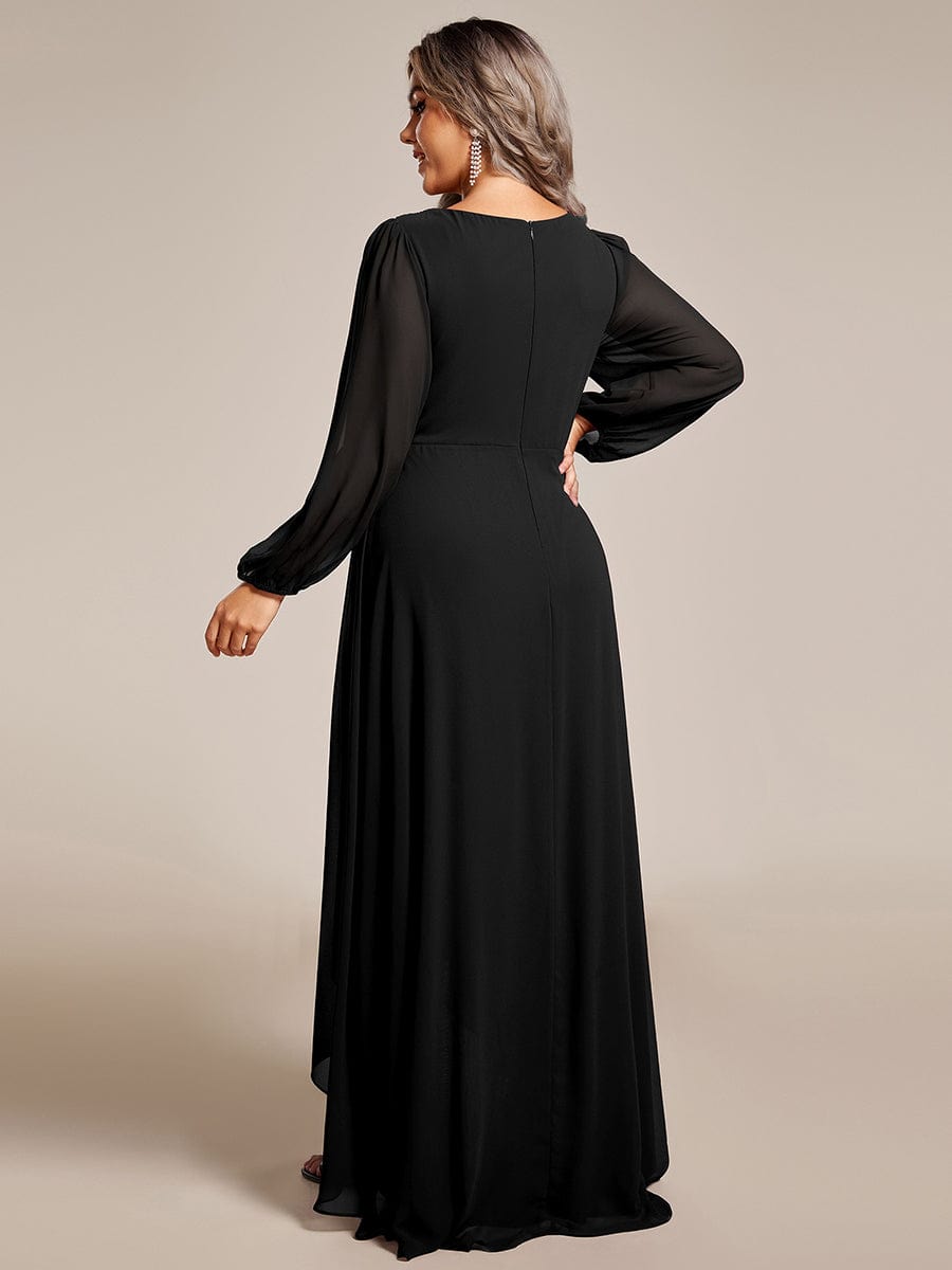 A-Line Pleated See-Through Long Lantern Midi Chiffon Bridesmaid Dress #color_Black