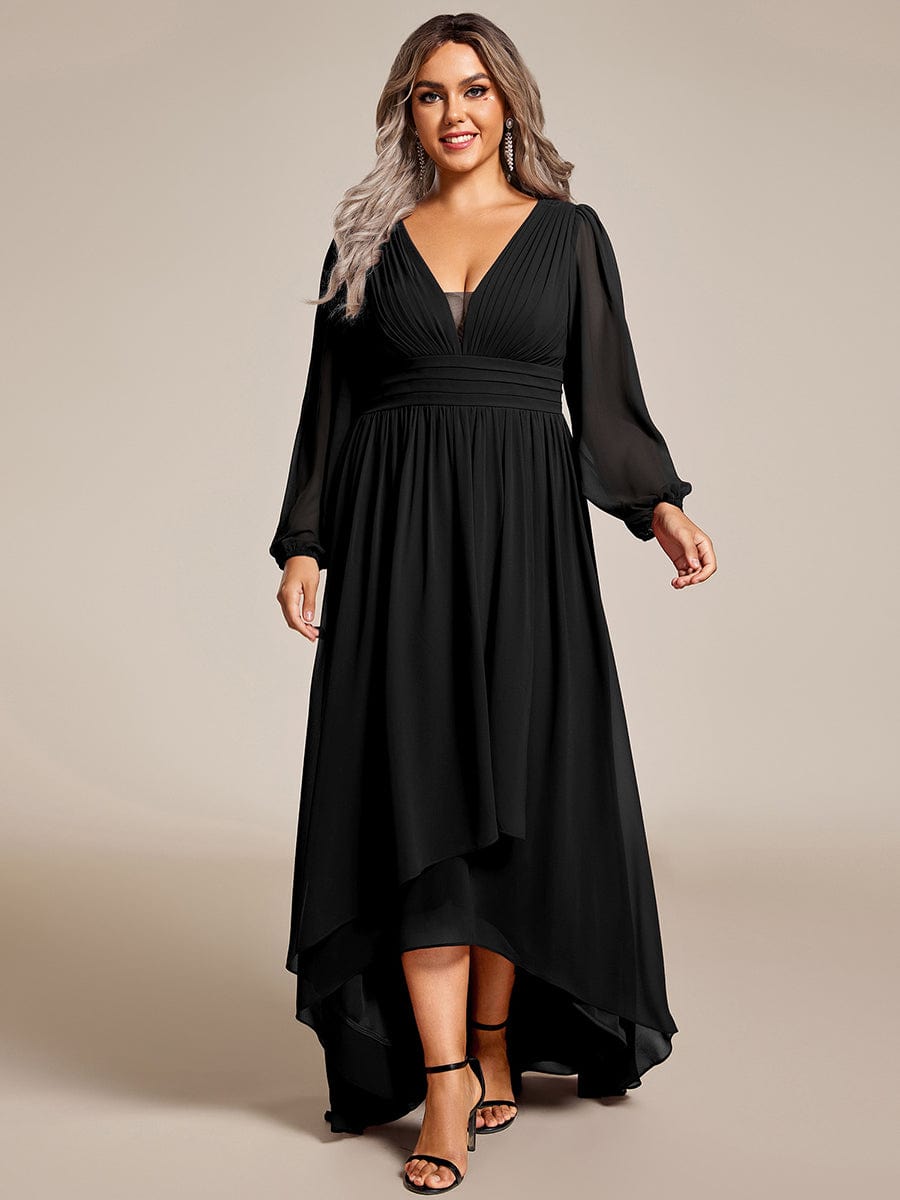 Plus Size V-Neck Long Lantern Sleeves A-Line Chiffon Bridesmaid Dress #color_Black