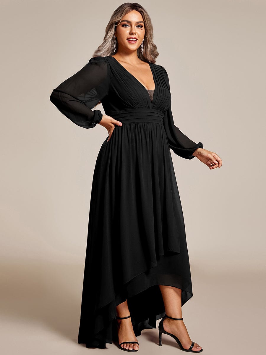 A-Line Pleated See-Through Long Lantern Midi Chiffon Bridesmaid Dress #color_Black