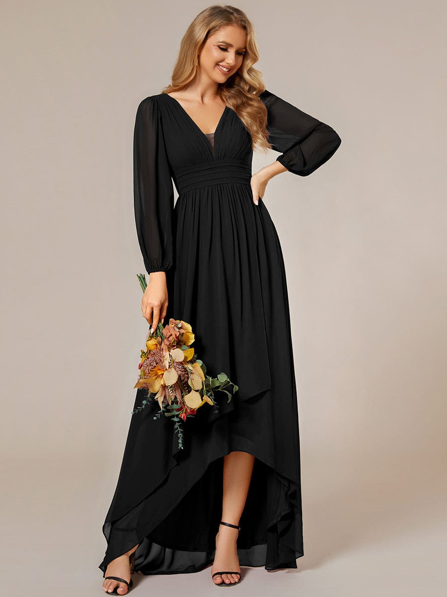 A-Line Pleated See-Through Long Lantern Midi Chiffon Bridesmaid Dress #color_Black