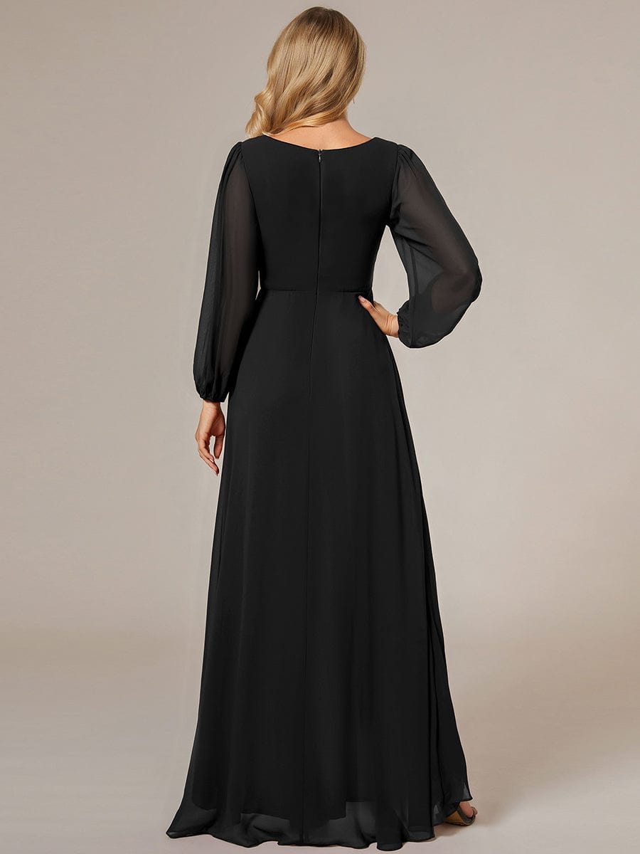 A-Line Pleated See-Through Long Lantern Midi Chiffon Bridesmaid Dress #color_Black