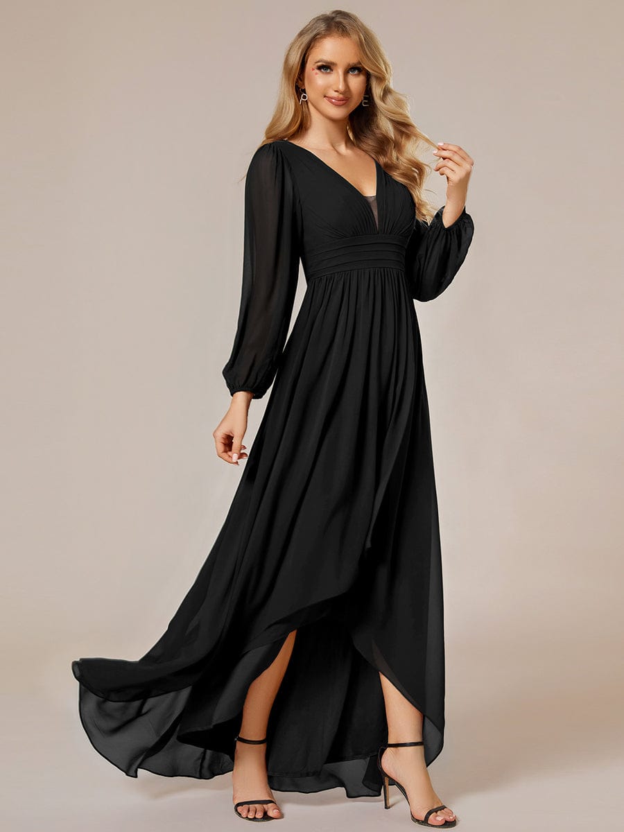 A-Line Pleated See-Through Long Lantern Midi Chiffon Bridesmaid Dress #color_Black