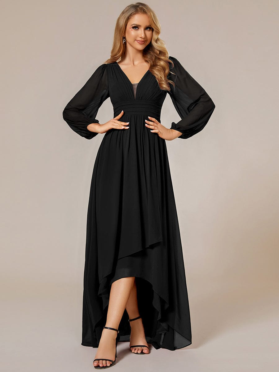 A-Line Pleated See-Through Long Lantern Midi Chiffon Bridesmaid Dress #color_Black