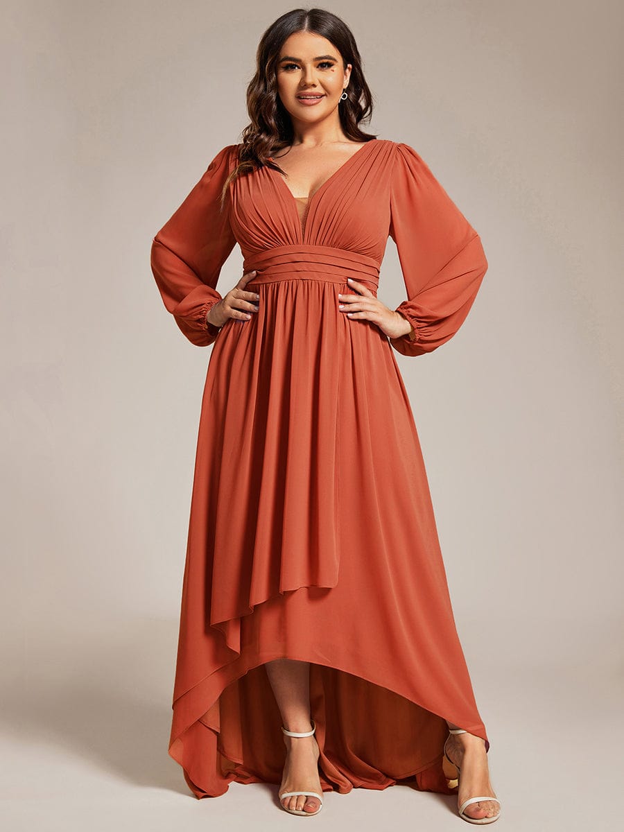 Plus Size V-Neck Long Lantern Sleeves A-Line Chiffon Bridesmaid Dress #color_Burnt Orange