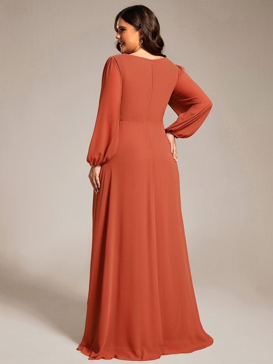 A-Line Pleated See-Through Long Lantern Midi Chiffon Bridesmaid Dress #color_Burnt Orange