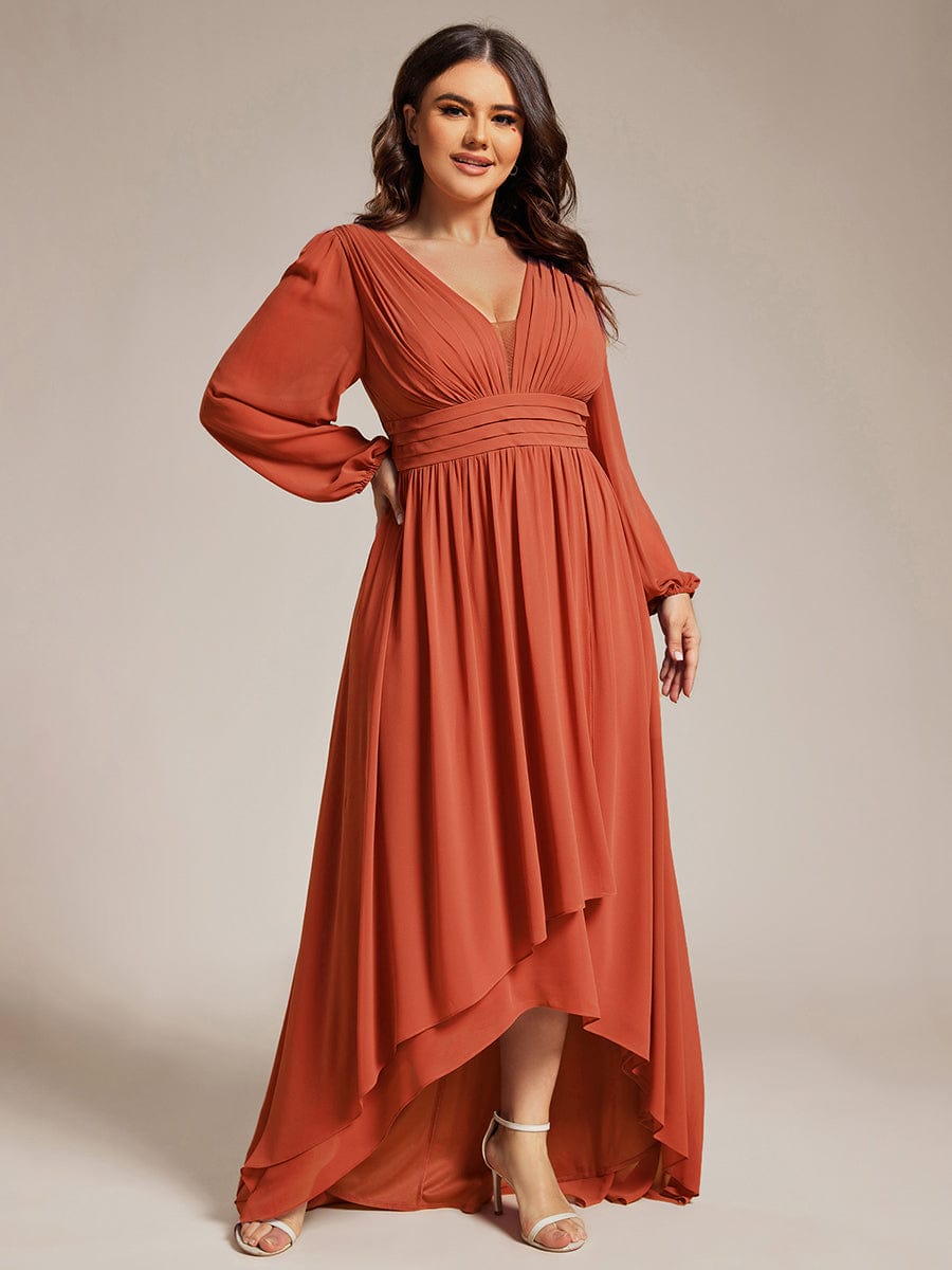 A-Line Pleated See-Through Long Lantern Midi Chiffon Bridesmaid Dress #color_Burnt Orange