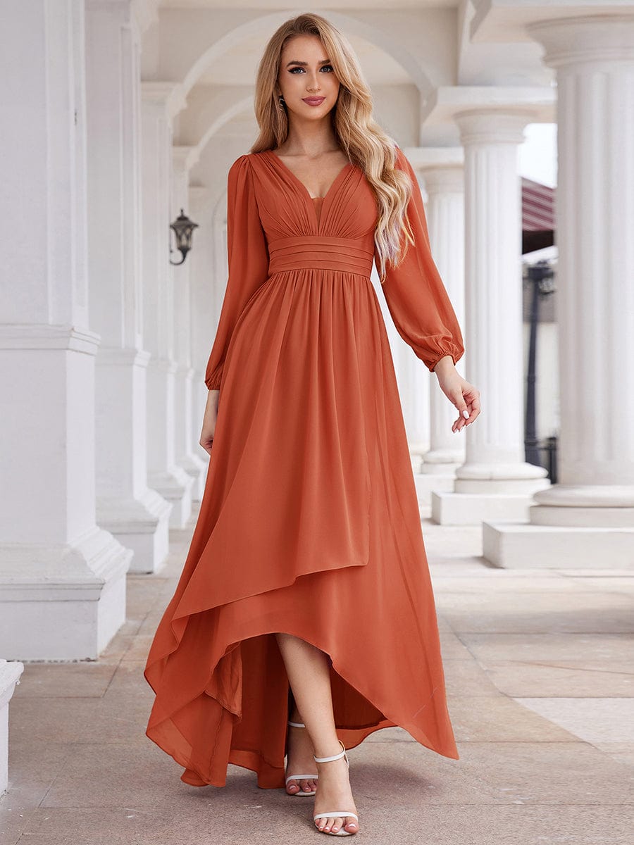 A-Line Pleated See-Through Long Lantern Midi Chiffon Bridesmaid Dress #color_Burnt Orange