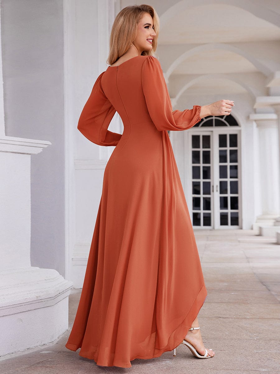 A-Line Pleated See-Through Long Lantern Midi Chiffon Bridesmaid Dress #color_Burnt Orange