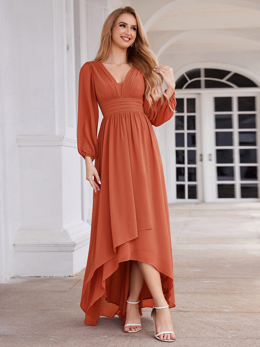 A-Line Pleated See-Through Long Lantern Midi Chiffon Bridesmaid Dress #color_Burnt Orange