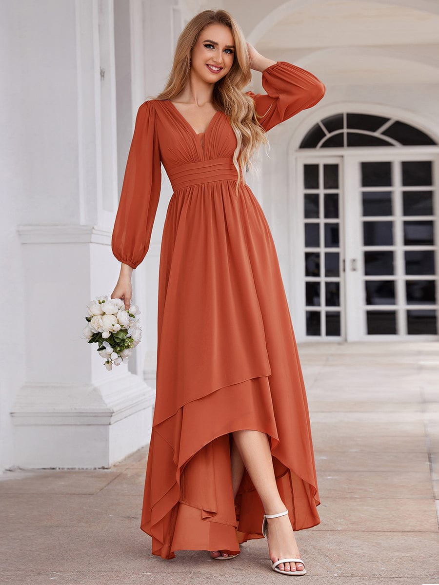 A-Line Pleated See-Through Long Lantern Midi Chiffon Bridesmaid Dress #color_Burnt Orange